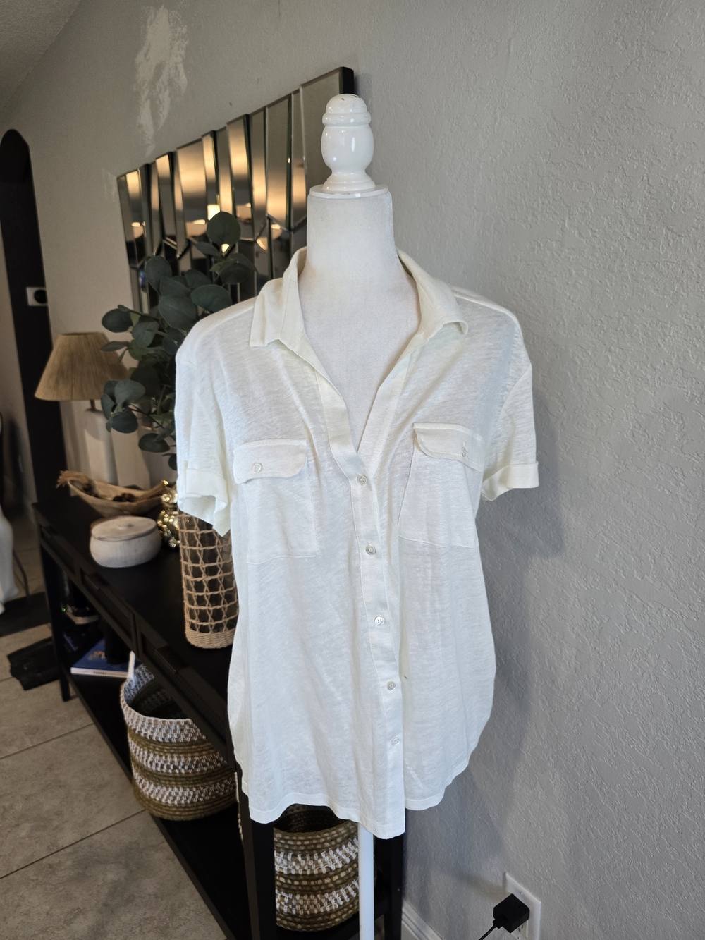 Massimo Dutti Women’s 100% Linen Shirt White Short Sleeve Utility Button-Up L